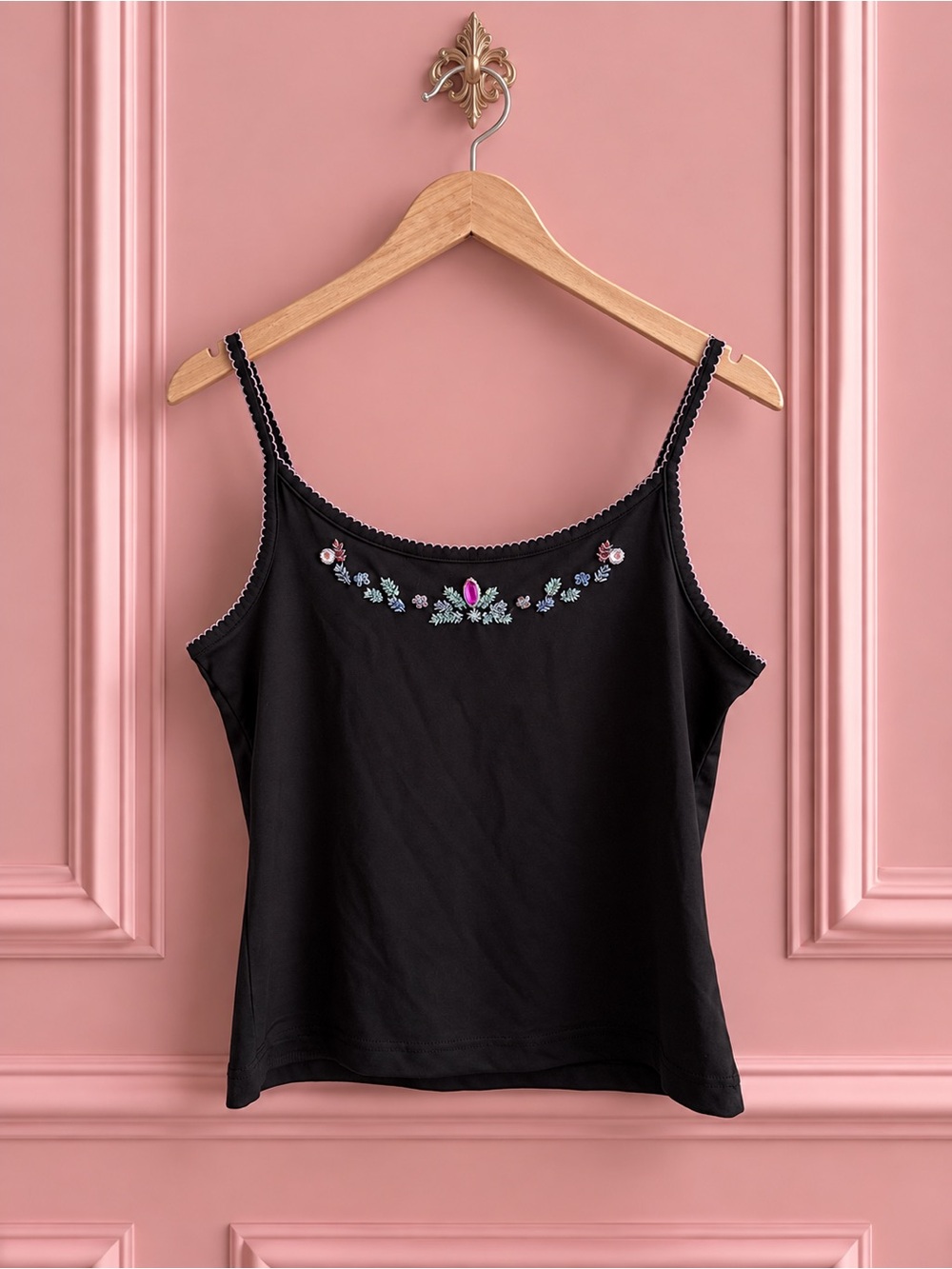 Y2K Black Embroidered Cami Top with Sequins